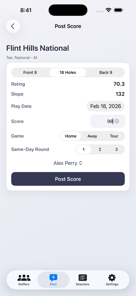 Golf League Handicap Tracker screenshot showing score posting for a golfer