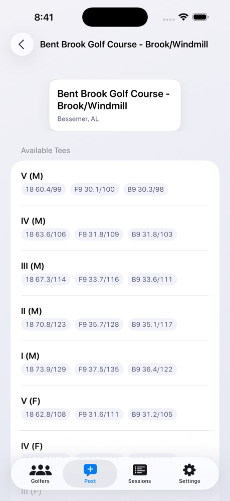 Golf League Handicap Tracker screenshot showing course tee ratings and slope values