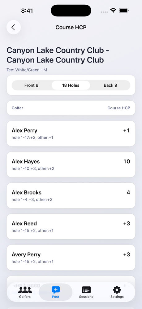 Golf League Handicap Tracker screenshot showing course handicap calculations for league golfers